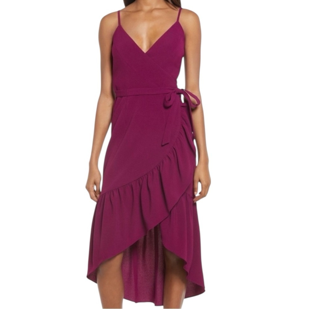 Dress The Population Burgundy Wrap Dress S Ruffle Hem Spaghetti Strap